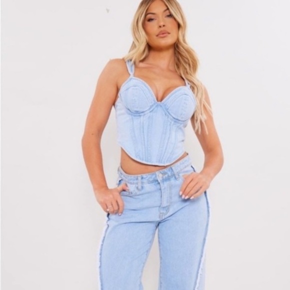 NWT PLT Light Blue Wash Dip Hem Bust Cup Underwire Denim Corset Top y2k - Picture 2 of 10
